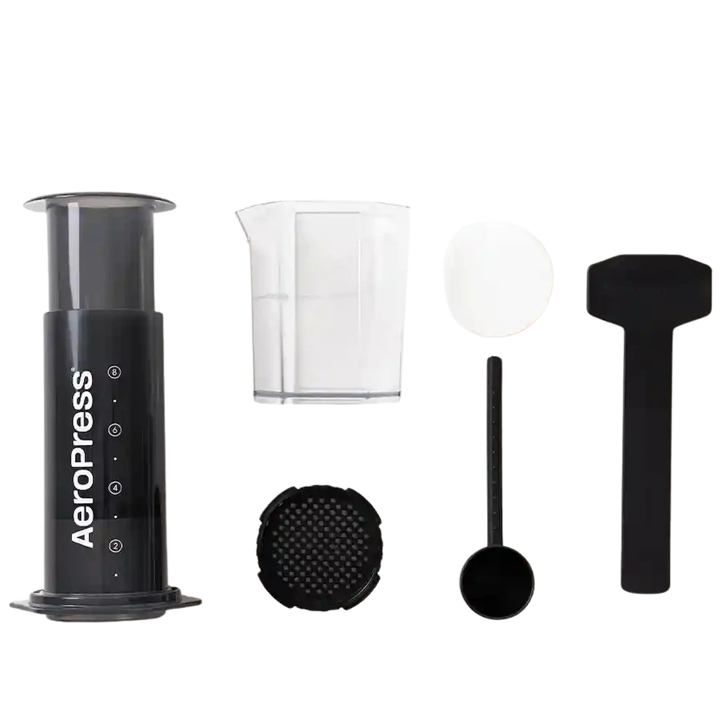 Alle Zubehörteile im Set der Aeropress XL