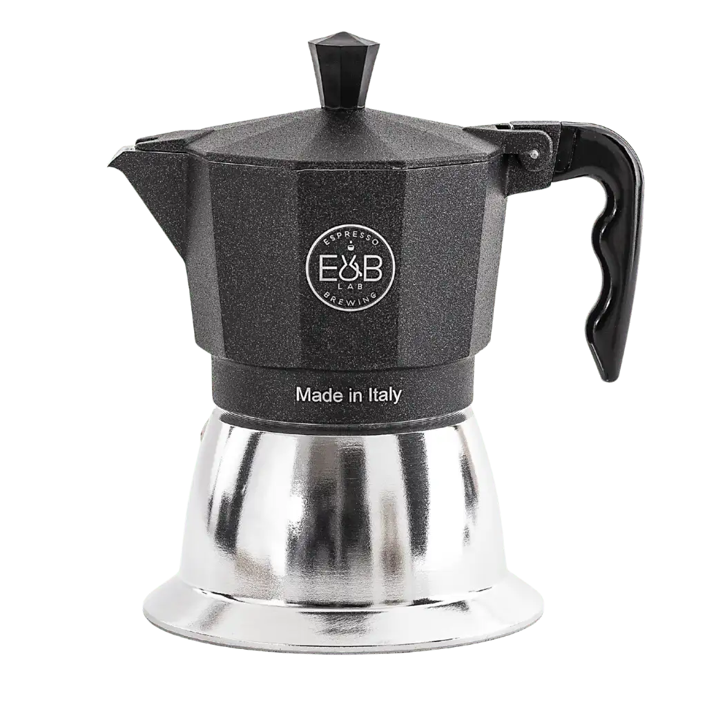 E&B Lab Mokapot in Schwarz mit glänzendem Edelstahlboden für 3 Tassen, italienische Espressokanne mit ergonomischem Griff und klassischem achteckigem Design mit der Aufschrift "Made in Italy"