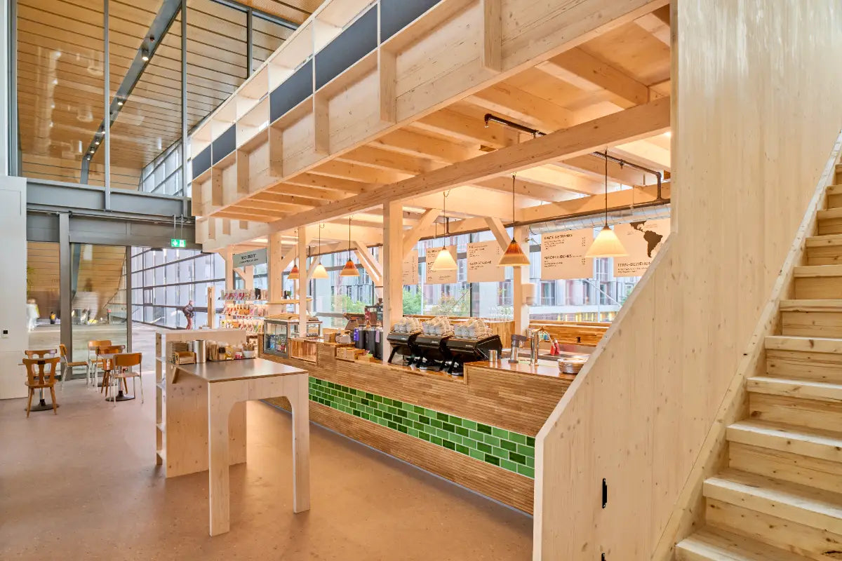 	Gastraum des Kaffeemacher Cafés im Bahnhof Basel SBB mit Holzverkleidung